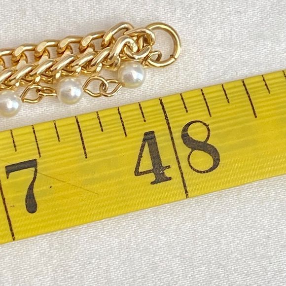 Sarah Coventry Opera Station Necklace layered Gold Tone Chains Faux Pearl Accent - Picture 9 of 11